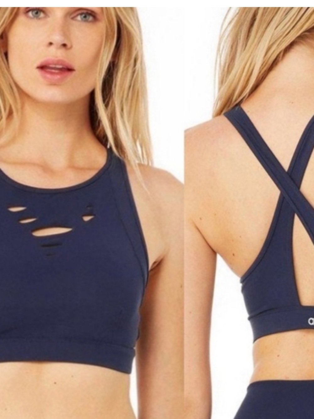 ALO Yoga Navy Ripped Front Cross-Back Sports Bra